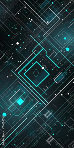 Shapes and Lines on Gradient Background - Shapes in Shades of Black and White with Highlights of Bright Cyan - Diamond Shapes outlined in Cyan Solid Outline Forms created with Generative AI Technology