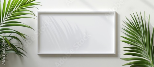 Minimalist white frame with vibrant green plant interior decoration concept