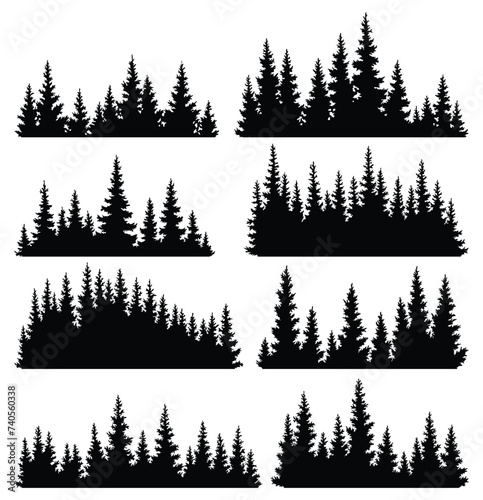 Set of fir trees silhouettes. Coniferous spruce horizontal background patterns, black evergreen woods vector illustration. Beautiful hand drawn panoramas of coniferous forest