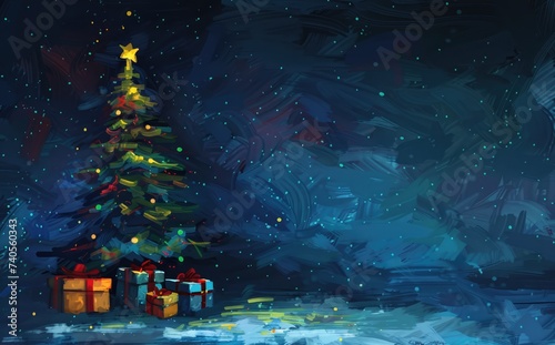 A beautifully adorned Christmas tree stands amidst a collection of wrapped gifts, creating a festive and joyful holiday scene. AI generative.