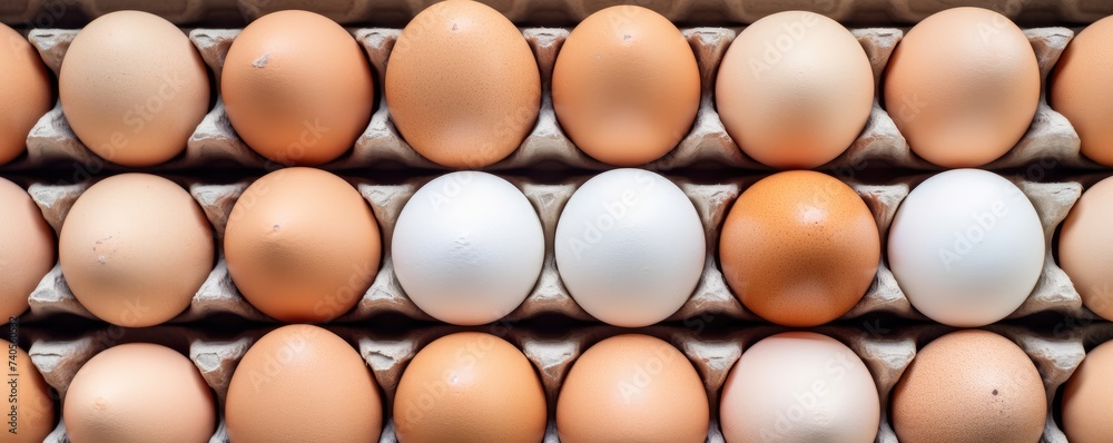 BIO fresh chicken eggs in paper box in supermarket, food protein healthy food banner. Generative Ai. BIO fresh chicken eggs in paper box in supermarket, food protein healthy food banner. Generative Ai.