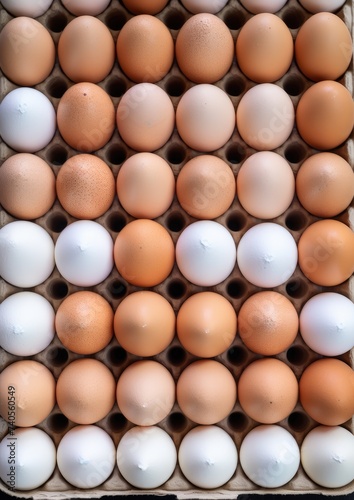 BIO fresh chicken eggs in paper box in supermarket, food protein healthy food. Generative Ai.
