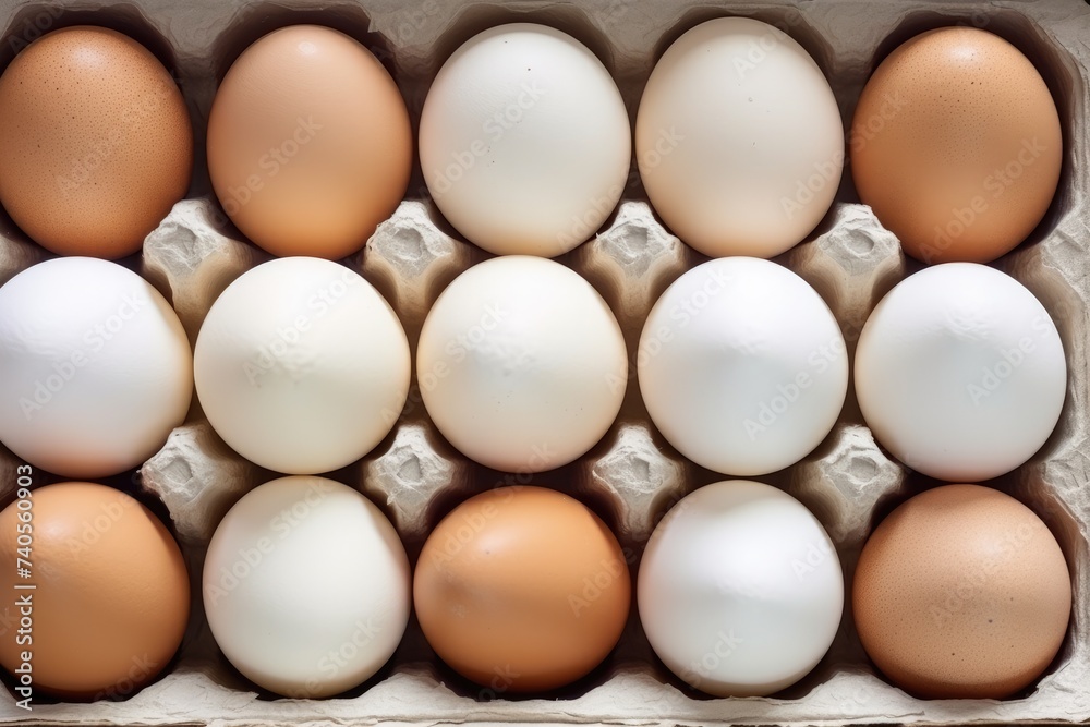 BIO fresh chicken eggs in paper box in supermarket, food protein healthy food. Generative Ai. BIO fresh chicken eggs in paper box in supermarket, food protein healthy food. Generative Ai.