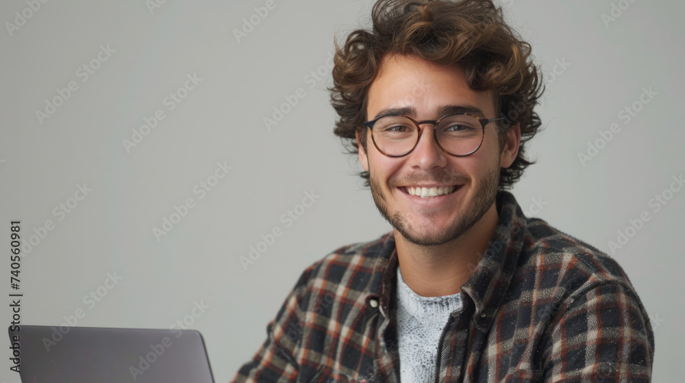 Young adult with curly hair smiling at the camera, wearing glasses and a casual plaid shirt over a t-shirt, with a laptop situated in front of him against a neutral background. - obrazy, fototapety, plakaty 