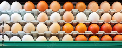 BIO fresh chicken eggs in paper box in supermarket, food protein healthy food banner. Generative Ai. © annamaria