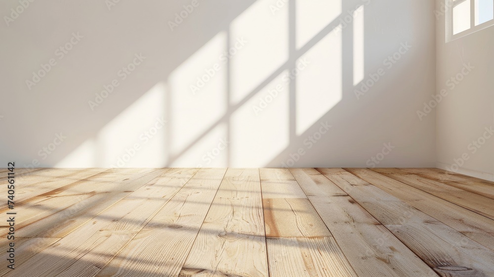 A serene indoor scene with warm beige wood flooring and a white wall illuminated by natural daylight through a large window, creating a calming atmosphere with a touch of rustic charm A serene indoor scene with warm beige wood flooring and a white wall illuminated by natural daylight through a large window, creating a calming atmosphere with a touch of rustic charm