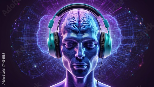 Transparent human head wears headphones. 3D sound brainwaves. Science and technology.