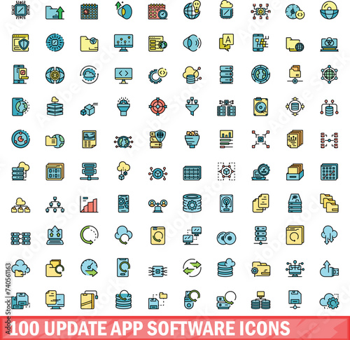 100 update app software icons set. Color line set of update app software vector icons thin line color flat on white