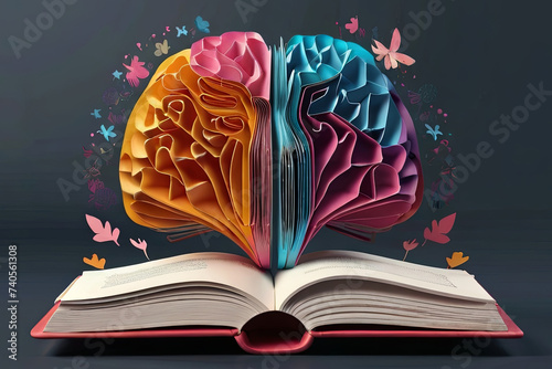 An open book with a paper art brain atop colorful books. A vibrant and imaginative composition.
