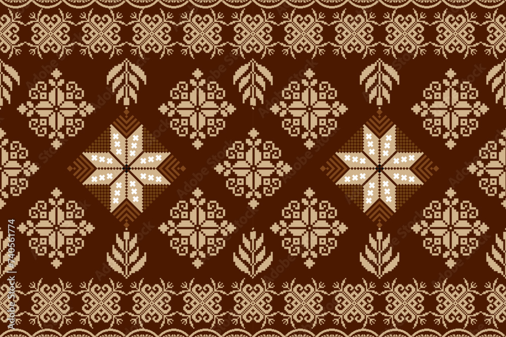 Floral pixel art pattern on white background.geometric ethnic oriental embroidery vector illustration.pixel style,abstract background,cross stitch.design for texture,fabric,cloth,scarf, table runner.
