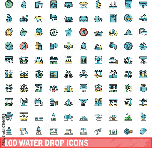 100 water drop icons set. Color line set of water drop vector icons thin line color flat on white