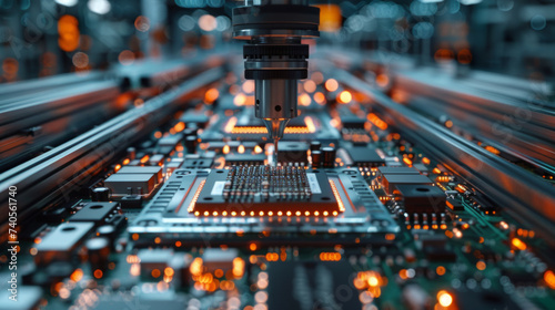 Close-up view of a robotic arm conducting detailed work on an advanced circuit board inside an industrial setting, showcasing precision and high-tech engineering in electronics manufacturing. photo