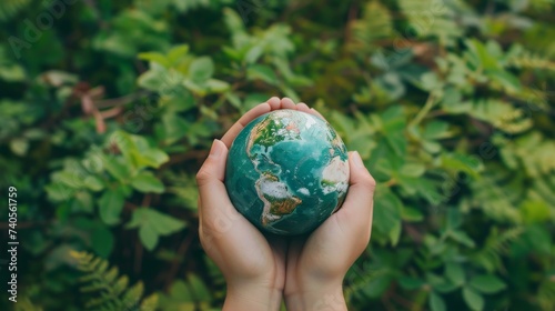 A lone figure stands among the lush trees, their hand outstretched, grasping the weight of the world in a simple globe, symbolizing the fragility and interconnectedness of humanity and nature in the 