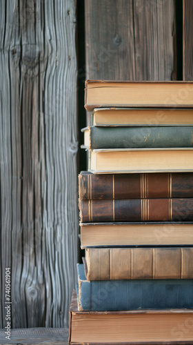 Stack of books on wooden board background