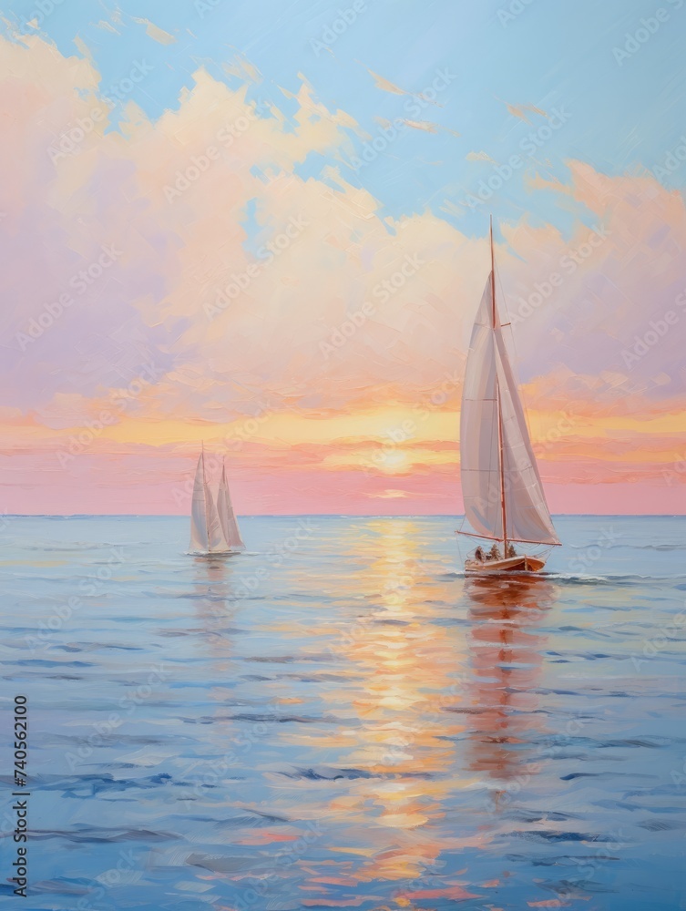 A painting capturing two sailboats gracefully sailing in the ocean against the backdrop of a stunning sunset, with vibrant colors reflecting off the water.