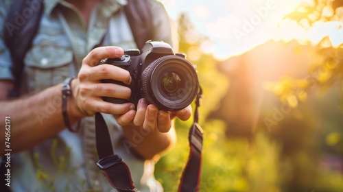 A photographer stands outdoors, his hand holding a digital slr camera with a gleaming lens, ready to capture the world through his optical instrument photo
