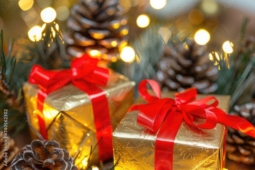 christmas and new year background - gift boxes and pine cones and branches on the background of bokeh garlands AI generative christmas and new year background - gift boxes and pine cones and branches on the background of bokeh garlands AI generative