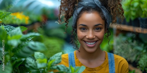 Confident and cheerful young African American woman with a beaming smile enjoying nature, radiating happiness and positivity against a green background.