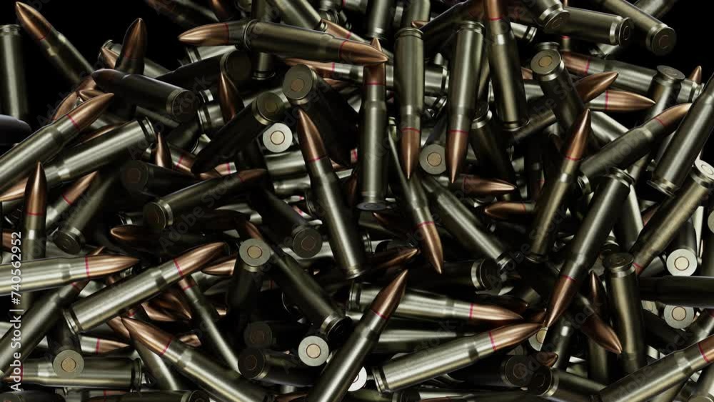 Realistic DOF camera 3D animation of the 7.62 mm assault rifle ammo falling from the top and filling the volume rendered in UHD with alpha matte