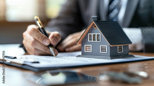 A miniature person signs away their home, surrounded by office supplies and a pen, in a bittersweet moment of letting go and moving on