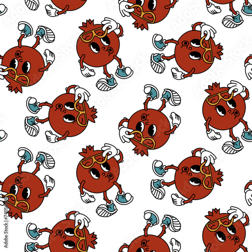 Retro fruity garnet groove pattern. Cute retro cartoon character. Cool vintage summer seamless pattern. Fashionable old style. 1970s. Bright fruits. Emotions. For menus, cafes, decorations, packaging