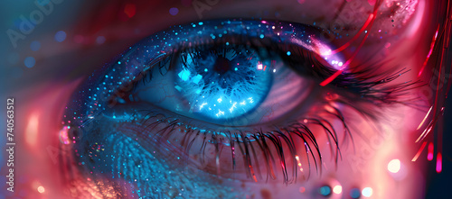 A captivating close-up of a woman's eye with stars, glowing light, and aether clouds, creating a mesmerizing cosmic wonder and ethereal image.