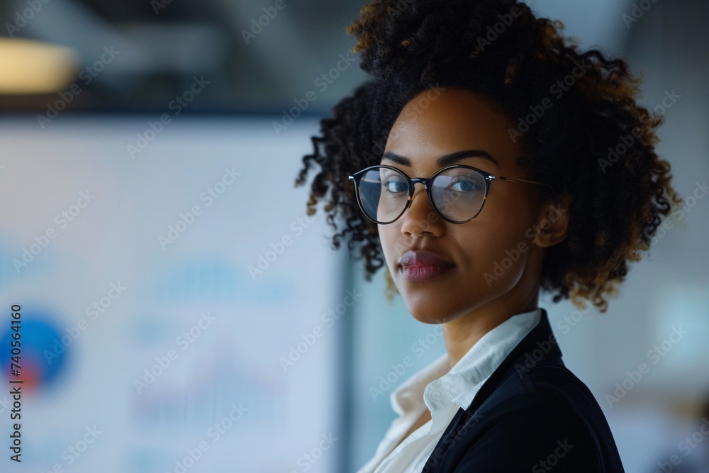 Femme d'affaires noire à lunettes devant un tableau avec graphiques » IA générative Femme d'affaires noire à lunettes devant un tableau avec graphiques » IA générative