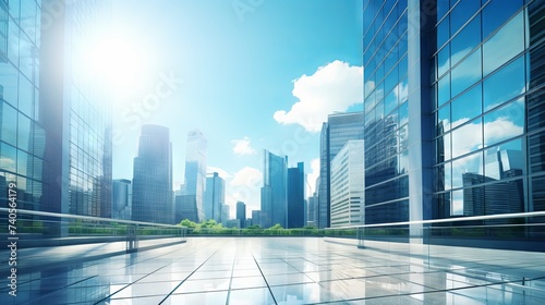 Contemporary high-rise business offices in urban skyline, clear blue sky background - corporate architecture and cityscape in commercial district - modern workplace concept