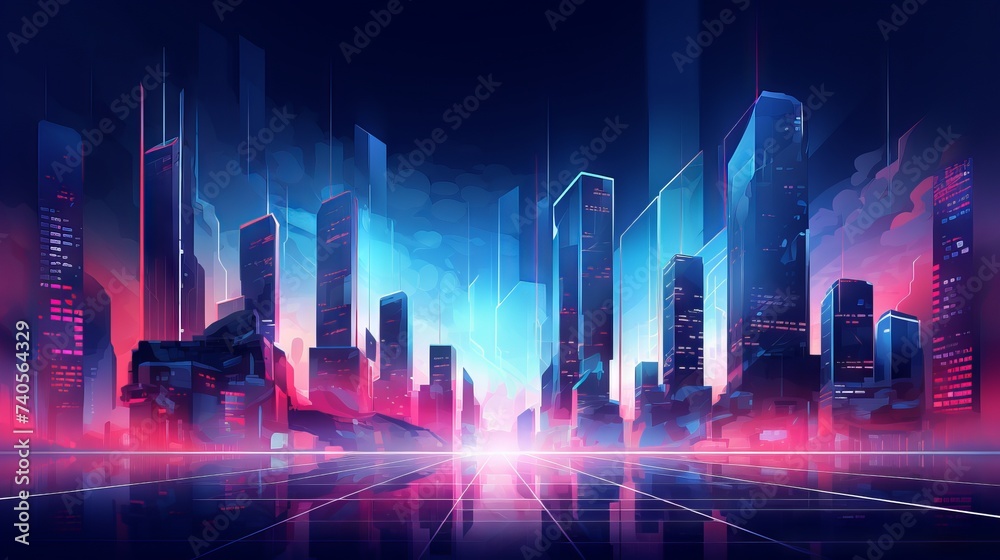 Futuristic urban architecture vector illustration with neon lights - modern hi-tech cityscape concept for banner backgrounds

