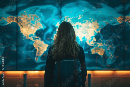 Femme blonde vue de dos observant la carte du monde » IA générative photo