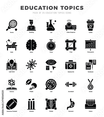 Set of Glyph Education Topics Icons. Glyph art icon. Vector illustration