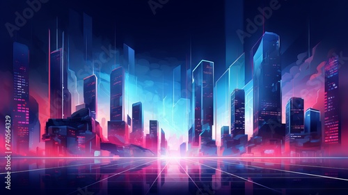 Futuristic urban architecture vector illustration with neon lights - modern hi-tech cityscape concept for banner backgrounds  