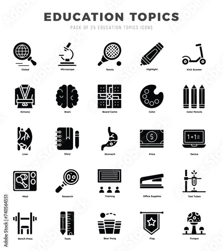 Set of Education Topics Icons Glyph icons collection.