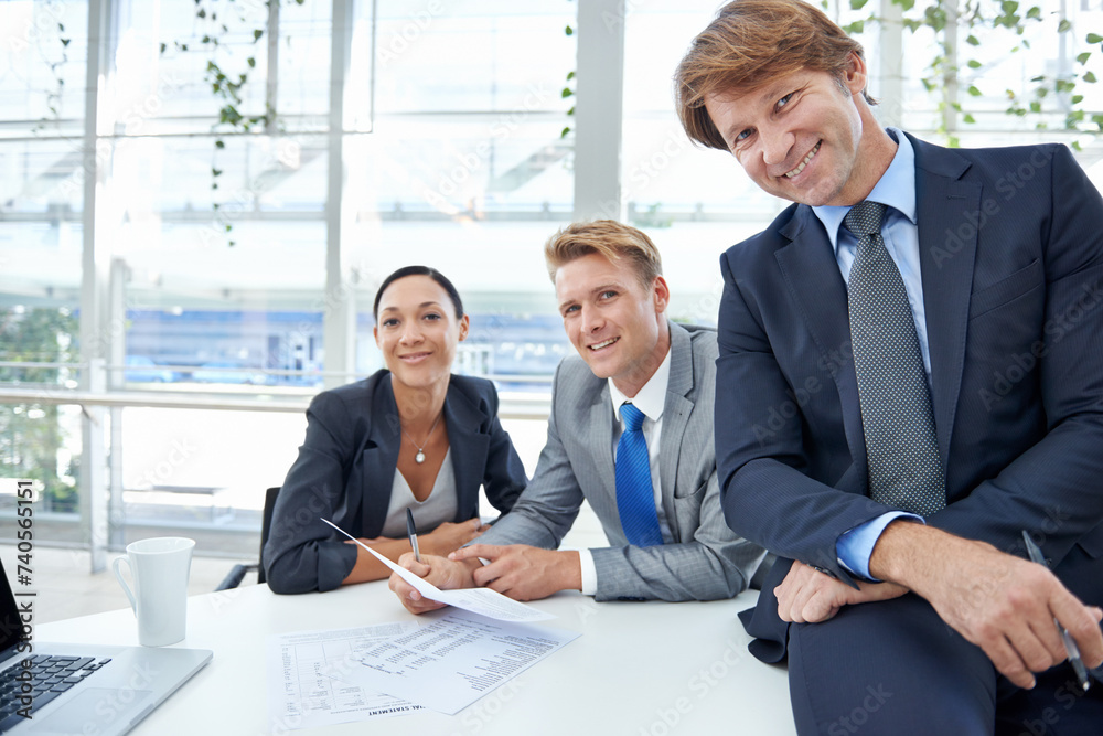 Fototapeta premium Portrait, smile and business people in office with documents for meeting, planning or strategy, Collaboration, teamwork or partnership with corporate men and women in boardroom of workplace together