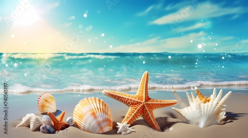 Sea shells and starfish, starfish on the ocean surface © ma