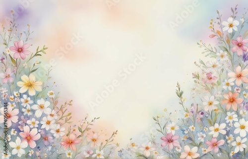 watercolor illustration of a large space for a note with small white and colorful tiny flowers, on the left side on a soft pastel background with a hint of floral pattern © Pham Ty