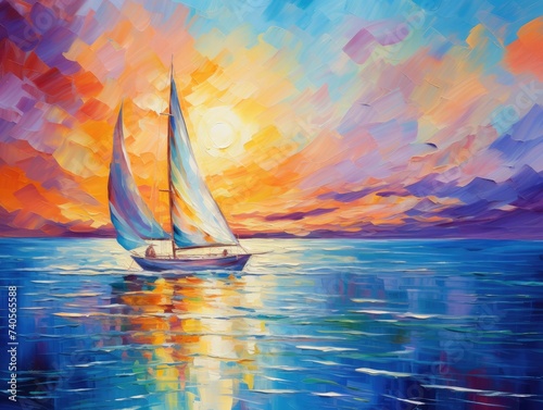A painting of a sailboat gliding through the ocean under a blue sky, with waves and seagulls in the background.