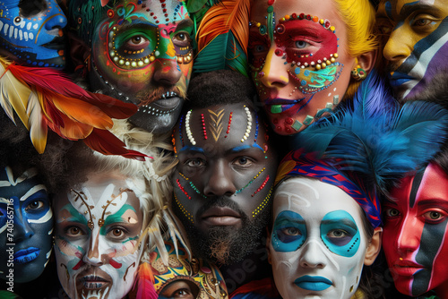 People faces with colorful makeup and masks. A slide background for showcasing diversity, equity, and inclusion. Background image. Created with Generative AI technology