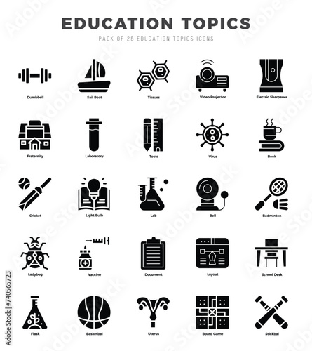 Vector icons set of Education Topics. Glyph style Icons.