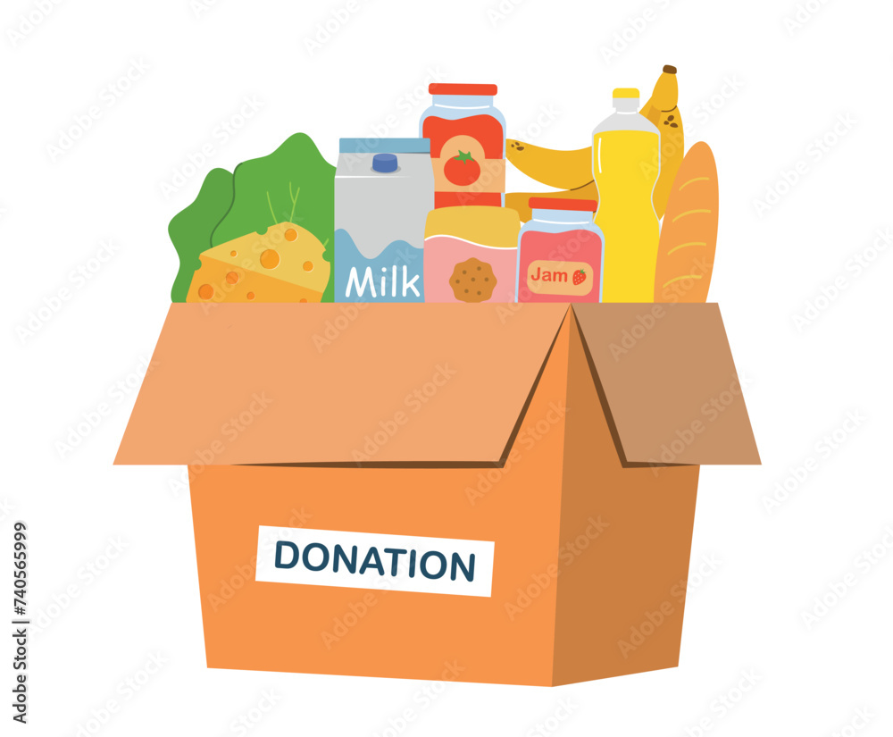 Vector flat illustration of a charity organization distributing food, groceries in a corton box Vector flat illustration of a charity organization distributing food, groceries in a corton box