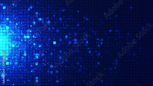 An animated background of rows of squares changing color and moving chaotically. Pixel graphics, moving squares and particles. Background of glowing squares. Bright abstract mosaic blue background wit