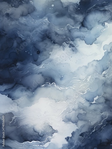 A painting depicting blue and white clouds in the sky, capturing the beauty and movement of clouds in a serene setting.