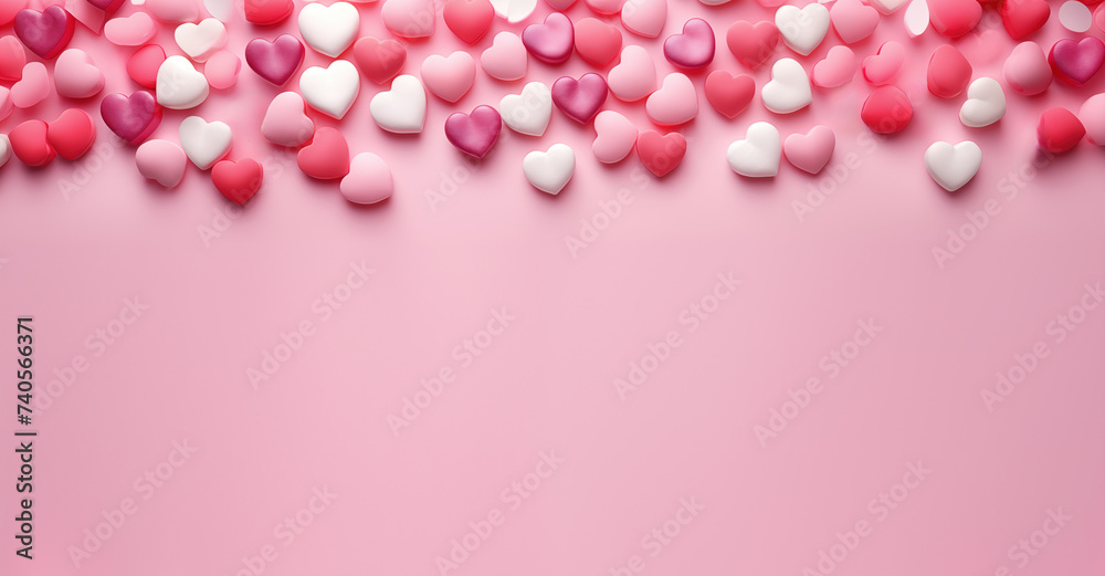 A solid pink background with small pink and white heart lollies, candy scattered. Room for text. Valentines day love theme.