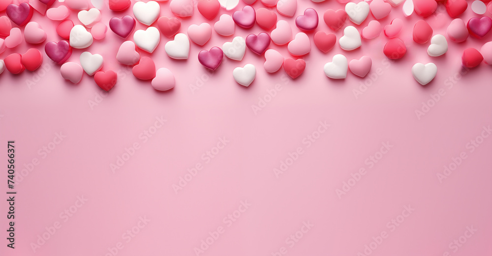 A solid pink background with small pink and white heart lollies, candy scattered. Room for text. Valentines day love theme. A solid pink background with small pink and white heart lollies, candy scattered. Room for text. Valentines day love theme.