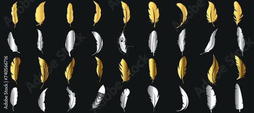 Gold, and silver feathers, vibrant feather on dark background. Elegant, luxurious pattern, design wallpaper. Metallic shine, sophistication