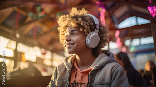 A young Afro boy 14 years old enjoying music in her cozy living room, wearing headphones and dancing with a carefree and joyful expression, capturing the essence of a relaxed and stylish lifestyle © Дмитрий Симаков