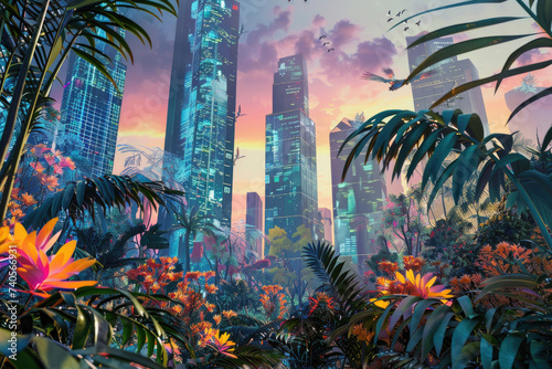 Futuristic cityscape blending with wild, digital flora