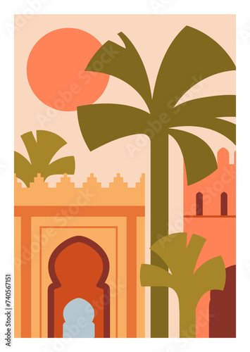 Moroccan poster. Oriental wall art with Morocco buildings, palm trees, Easter...