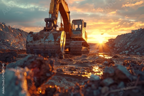 Excavator, excavator on a construction site with sunset background, Construction machinery