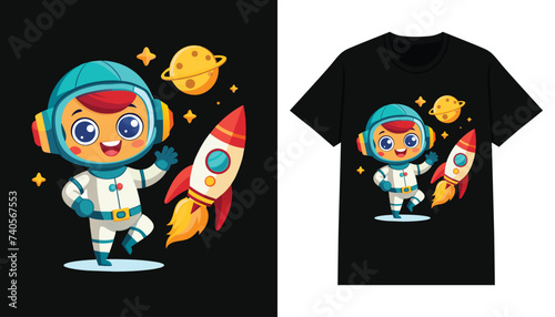 cute astronaut t-shirt design. cartoon astronaut with rocket for print design apparel and clothing